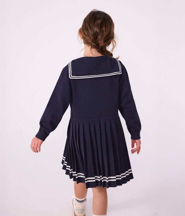 Robe enfant en coton manches longue unie bleu marine