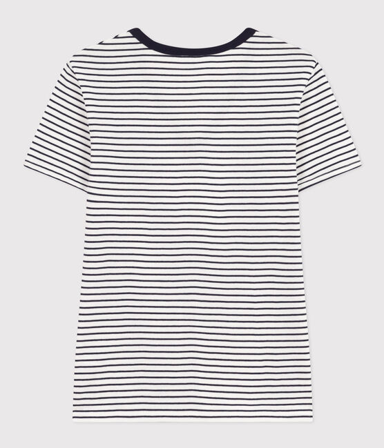 Tee-shirt l'Iconique col V en coton rayé femme blanc MARSHMALLOW/bleu SMOKING