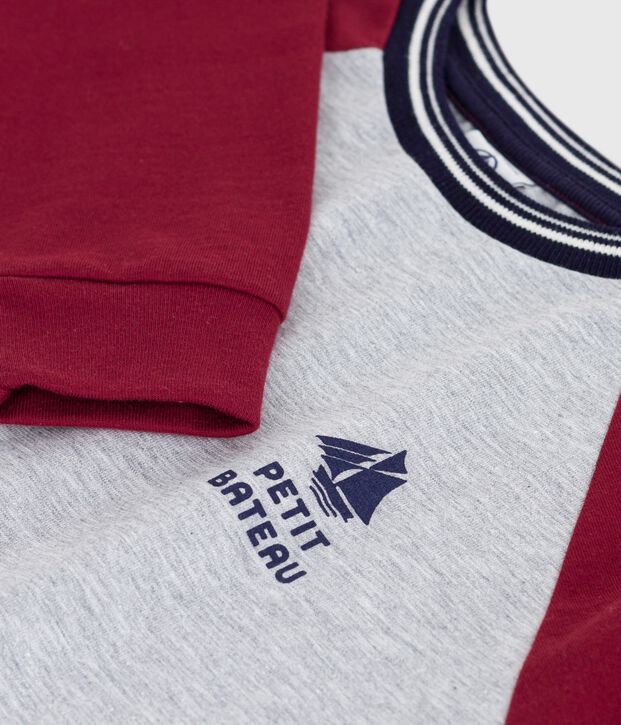 Tee-shirt enfant manches longues en coton uni gris/rouge