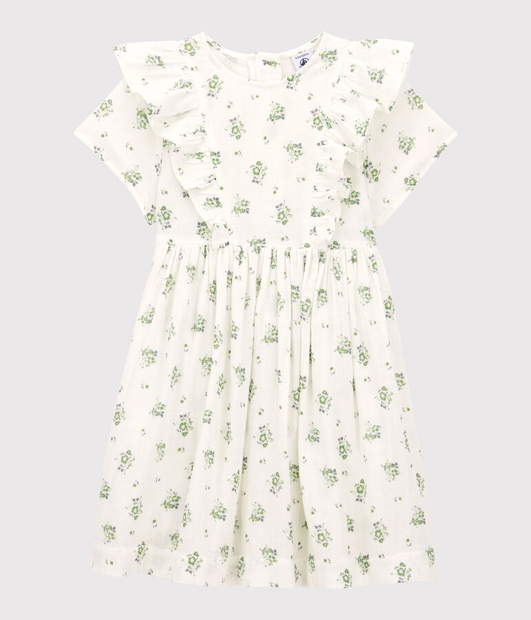 Robe imprim&eacute;e en gaze de coton bio enfant fille blanc MARSHMALLOW/blanc MULTICO