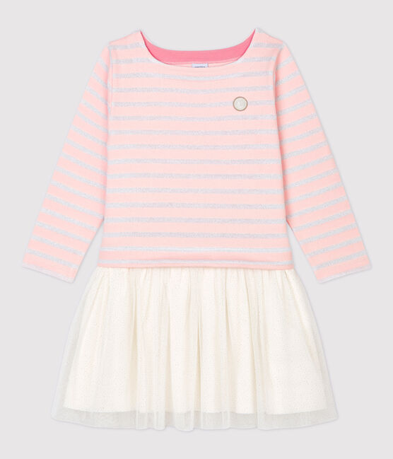 Robe manches longues coton et tulle enfant fille rose MINOIS/ MARSHMALLOW ARGENT BRILLANT