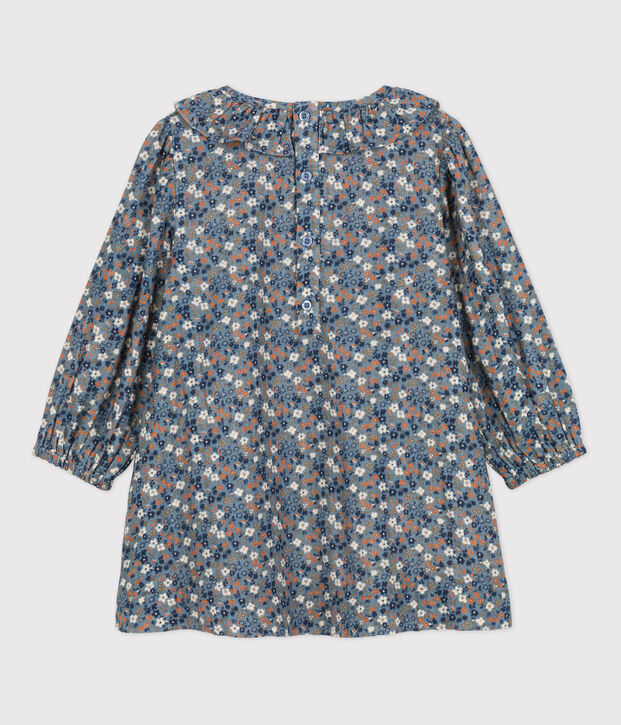Robe fleurie &agrave; manches longues en gaze de coton enfant fille bleu/multicouleur