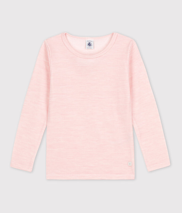 Tee-shirt manches longues milleraies petite fille en laine et coton rose/blanc
