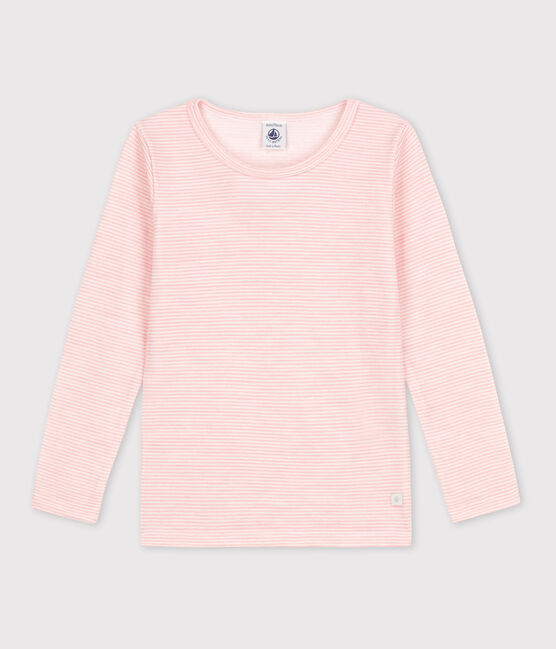 Tee-shirt manches longues milleraies petite fille en laine et coton rose CHARME/blanc MARSHMALLOW
