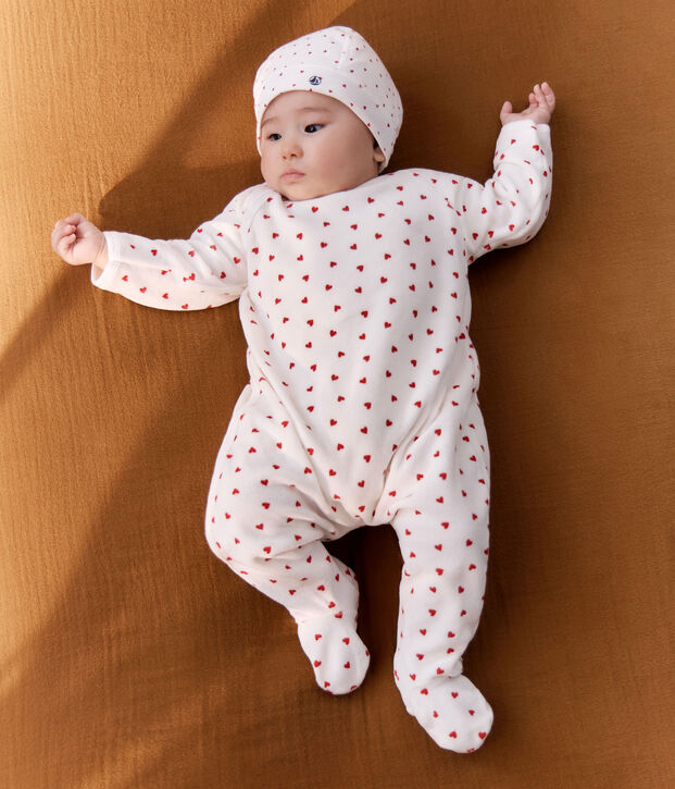 Pyjama b&eacute;b&eacute; en velours c&oelig;urs blanc/rouge