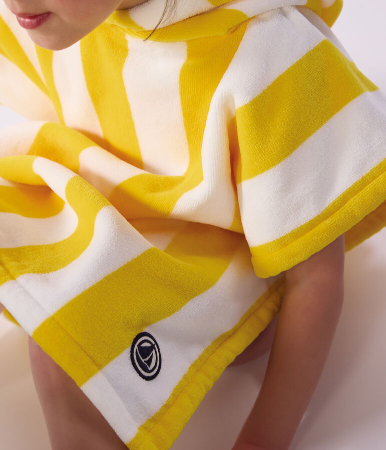 Poncho de bain enfant en coton &eacute;ponge &agrave; rayures jaune/blanc