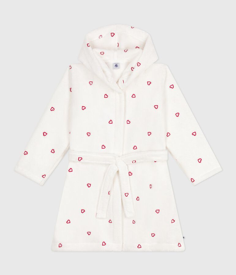 Peignoir enfant en coton &eacute;ponge c&oelig;urs brod&eacute;s blanc MARSHMALLOW/rouge TERKUIT