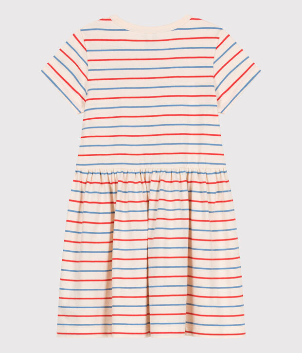 Robe enfant en coton manches courtes &agrave; rayures  et c&oelig;ur &eacute;cru/multicouleur
