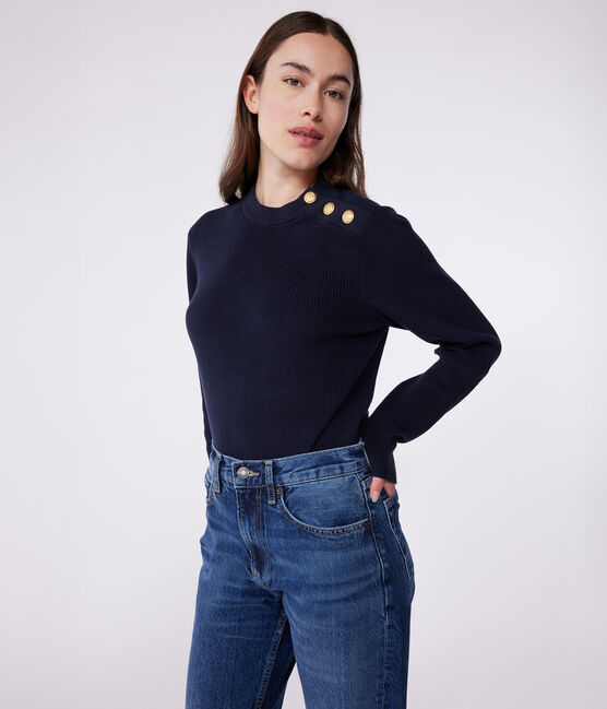 Pull marin femme en coton uni bleu SMOKING