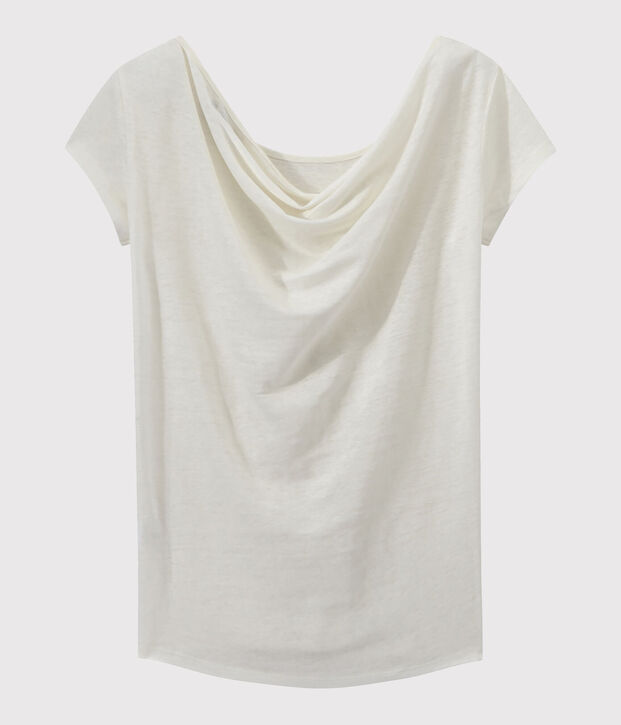 T-shirt femme col b&eacute;nitier au dos en lin iris&eacute; blanc/jaune