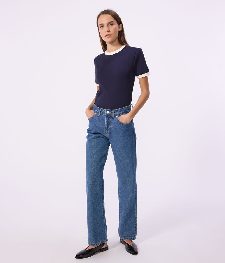 Tee-shirt femme en coton manches courtes uni bleu
