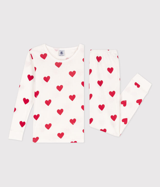 Pyjama ajust&eacute; coeurs en coton enfant blanc/rouge
