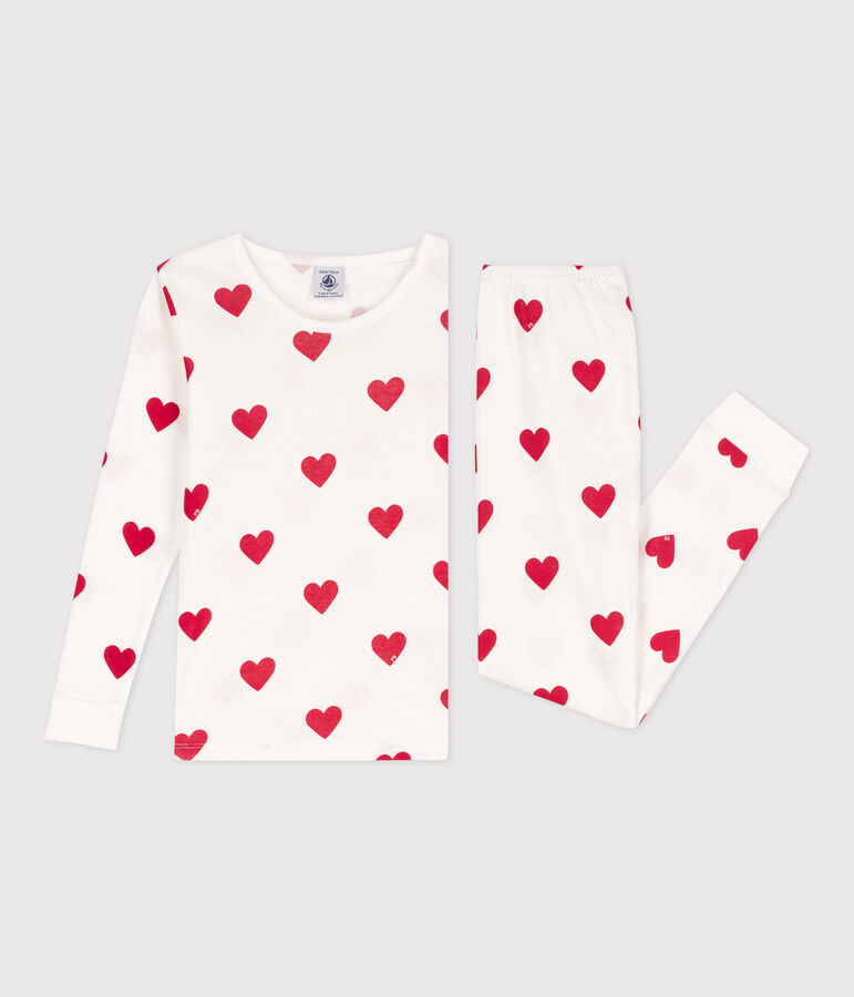 Pyjama ajust&eacute; coeurs en coton enfant blanc MARSHMALLOW/rouge TERKUIT