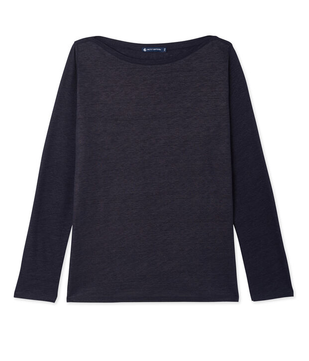 T-shirt femme manches longues en lin laqu&eacute; bleu/bleu