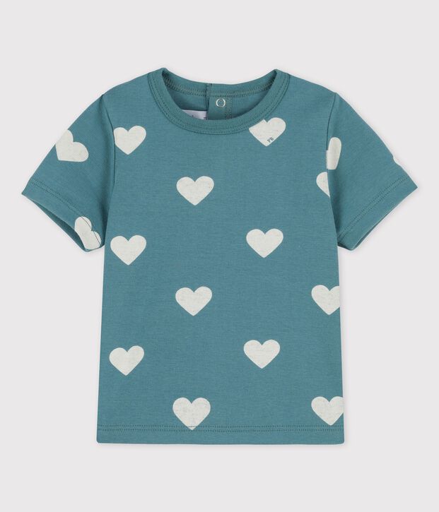 Tee-shirt manches courtes imprim&eacute; c&oelig;urs en coton b&eacute;b&eacute; vert/&eacute;cru