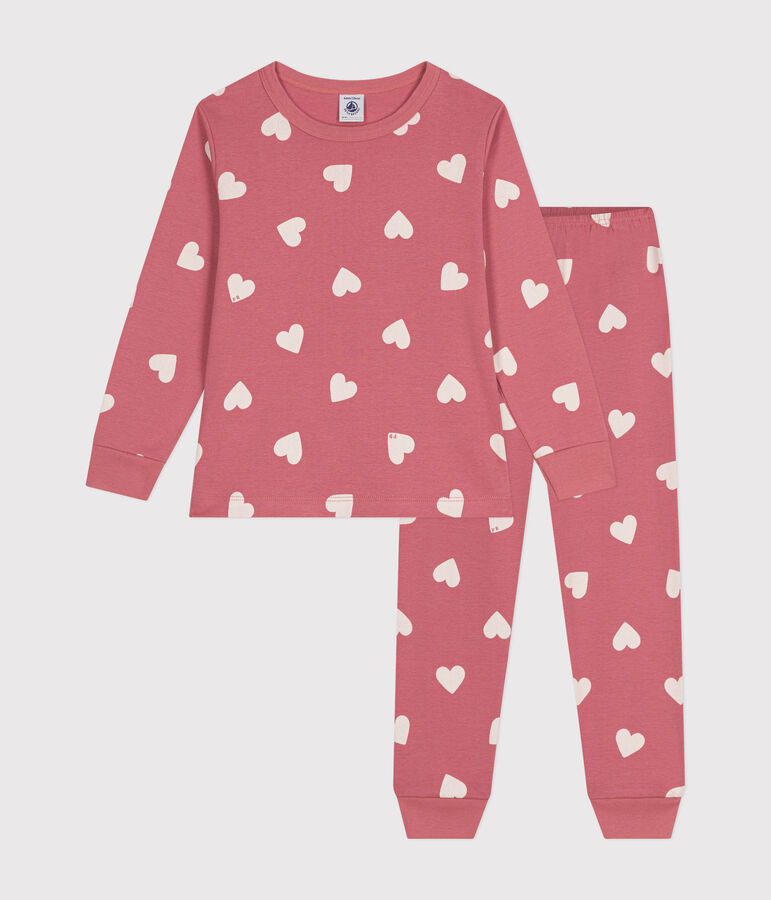 Pyjama en coton imprim&eacute; motif c&oelig;ur enfant rose/blanc