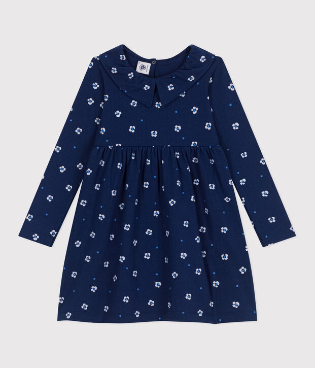 Robe enfant en coton manches longues fleurie bleu/multicouleur