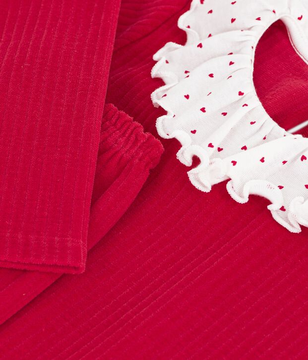 Pyjama enfant en velours c&ocirc;tel&eacute; uni &agrave; collerette rouge