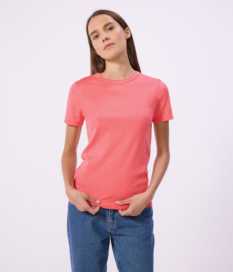 Tee-shirt femme en coton manches courtes uni rose