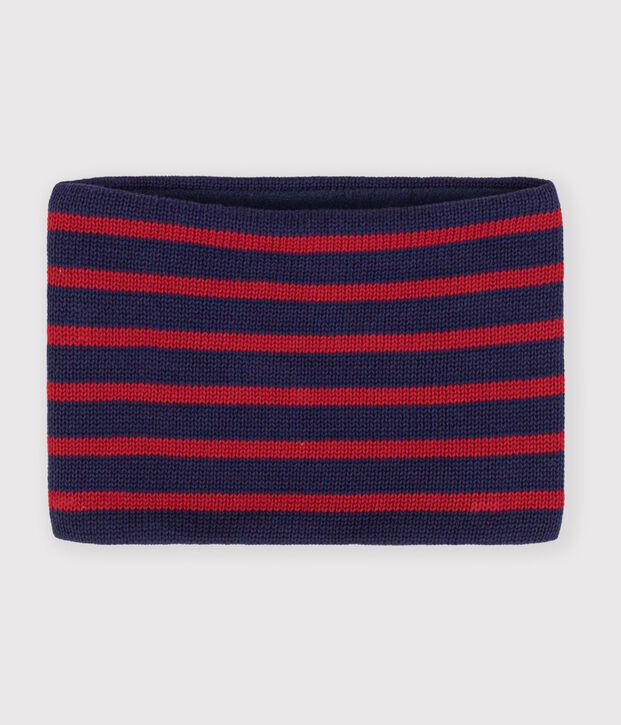 Snood enfant en tricot &agrave; rayures doubl&eacute; polaire bleu/rouge