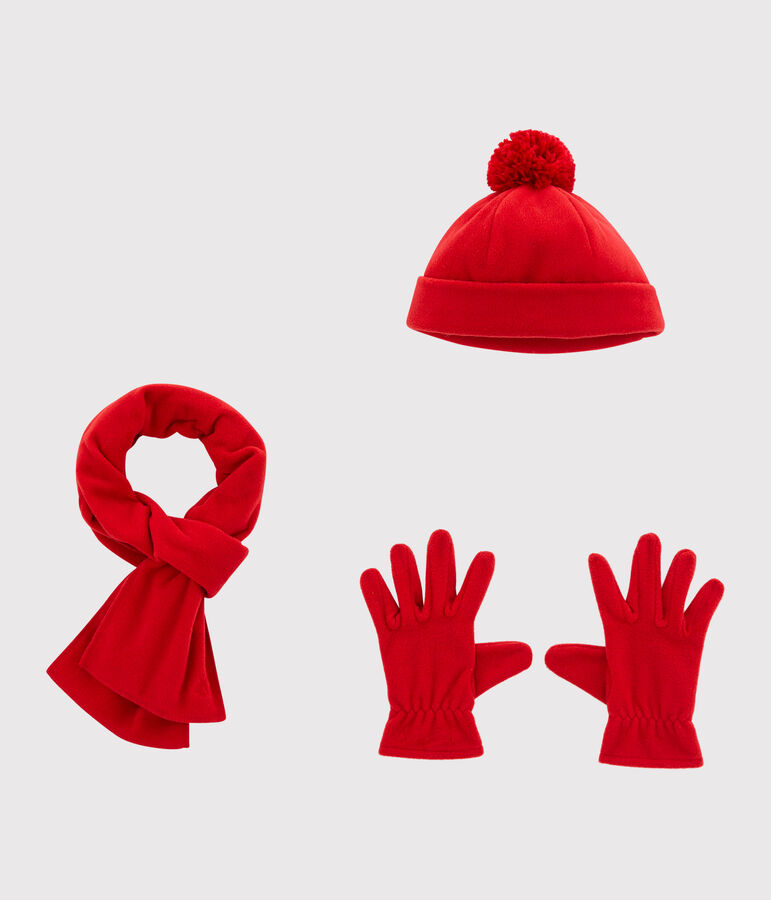 Bonnet, gants et &eacute;charpe en polaire rouge
