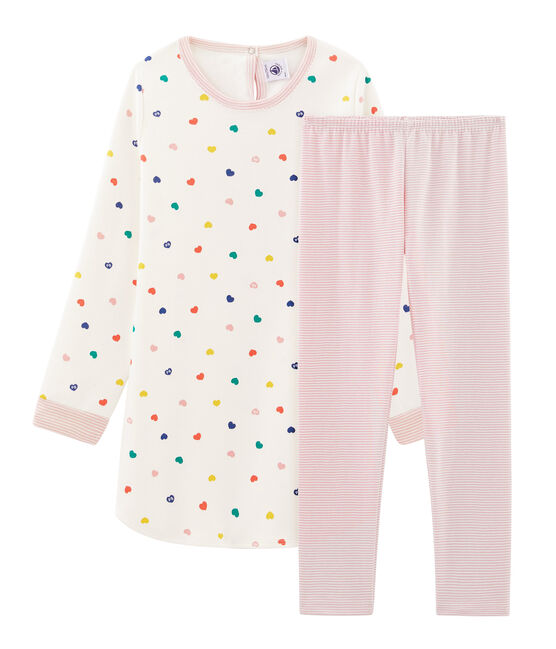 Chemise de nuit manches longues à coeurs petite fille en jersey double face blanc MARSHMALLOW/blanc MULTICO