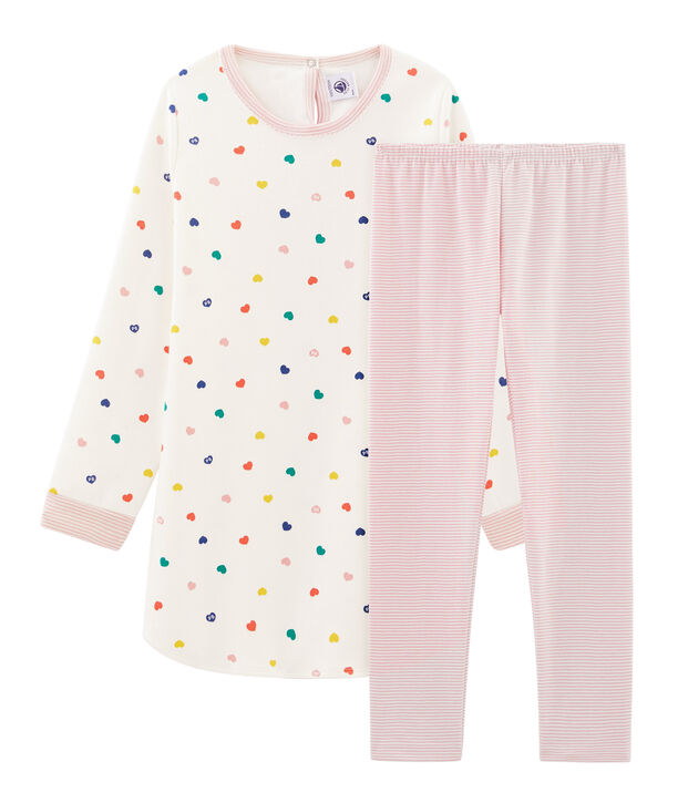 Chemise de nuit manches longues &agrave; coeurs petite fille en jersey double face blanc/multicouleur