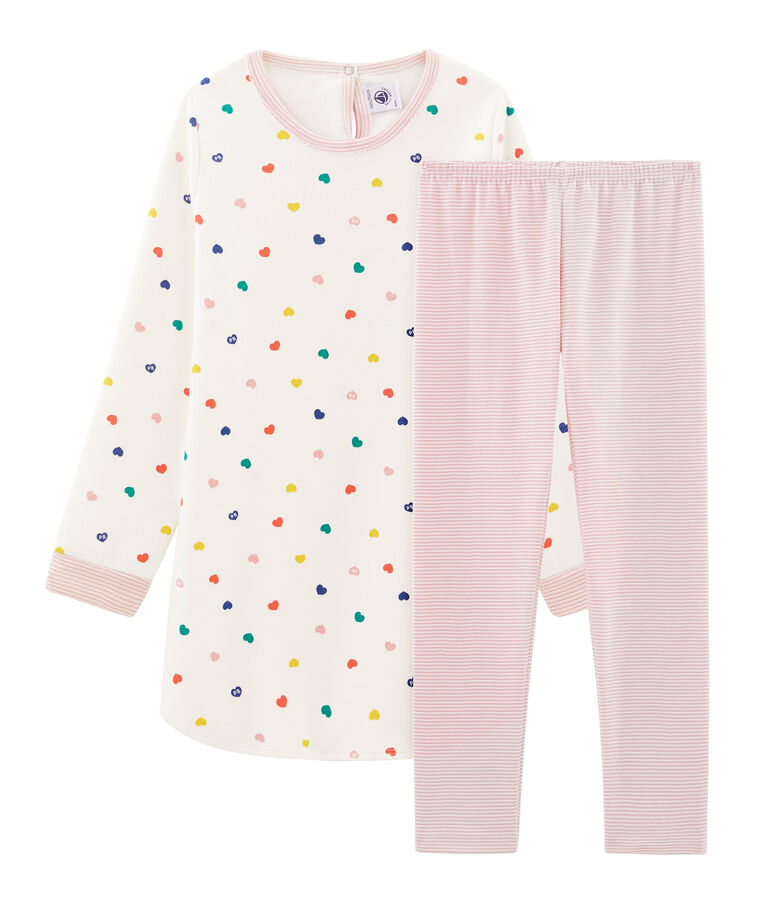 Chemise de nuit manches longues &agrave; coeurs petite fille en jersey double face blanc/multicouleur