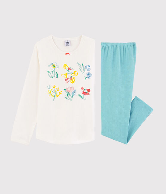 Pyjama fleurs printanières petite fille en coton bleu TIKI/blanc MARSHMALLOW