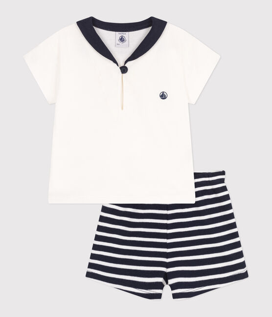 Ensemble bébé deux pièces en coton, t-shirt col vareuse bleu SMOKING/blanc MARSHMALLOW