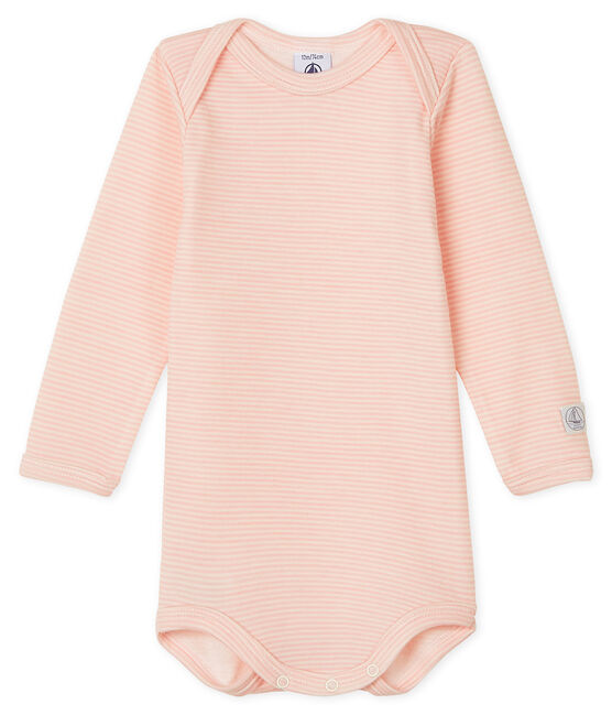 Body manches longues bébé en laine et coton rose CHARME/blanc MARSHMALLOW