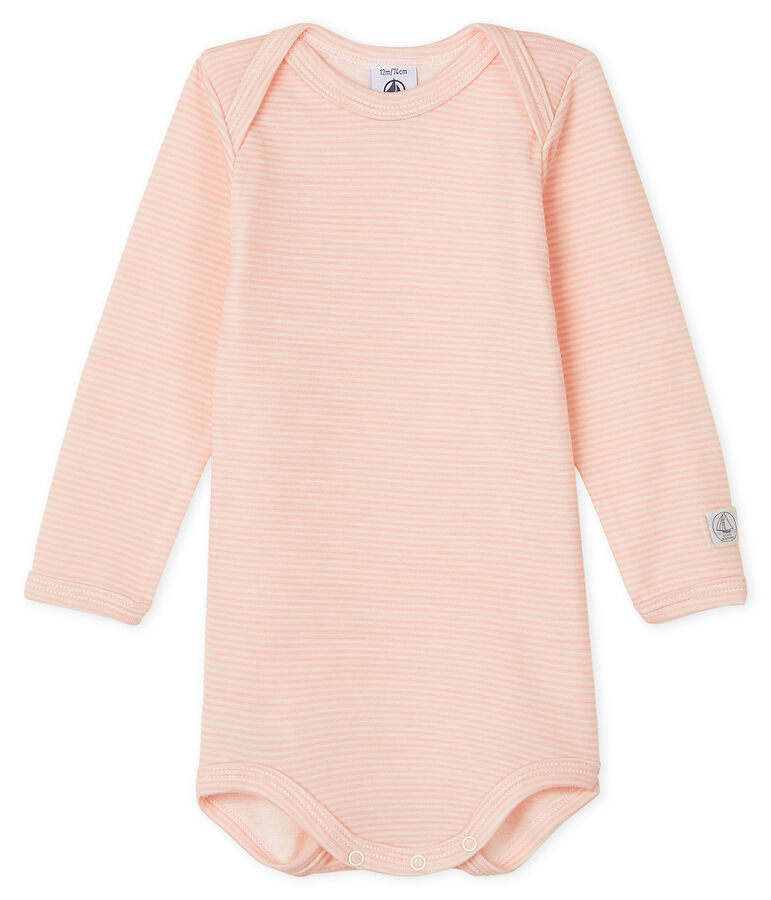 Body manches longues b&eacute;b&eacute; en laine et coton rose/blanc