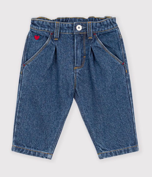 Pantalon b&eacute;b&eacute; en denim uni et broderie c&oelig;ur bleu