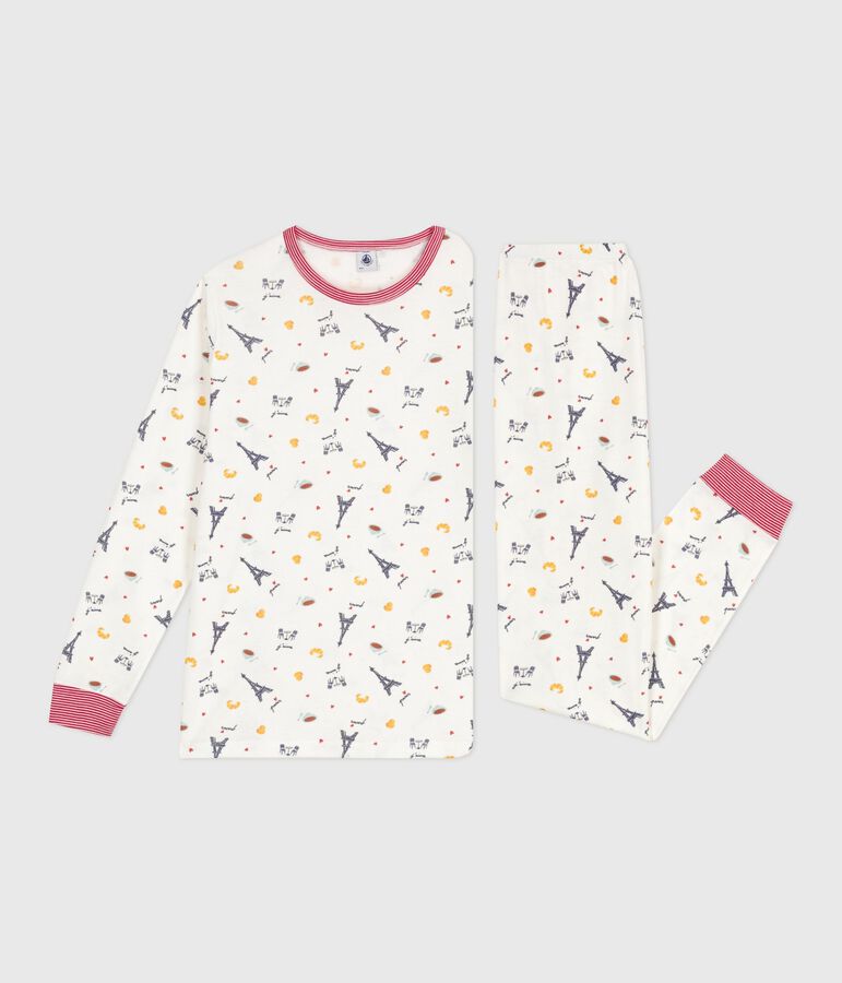 Pyjama enfant en coton imprim&eacute; Paris blanc MARSHMALLOW/blanc MULTICO