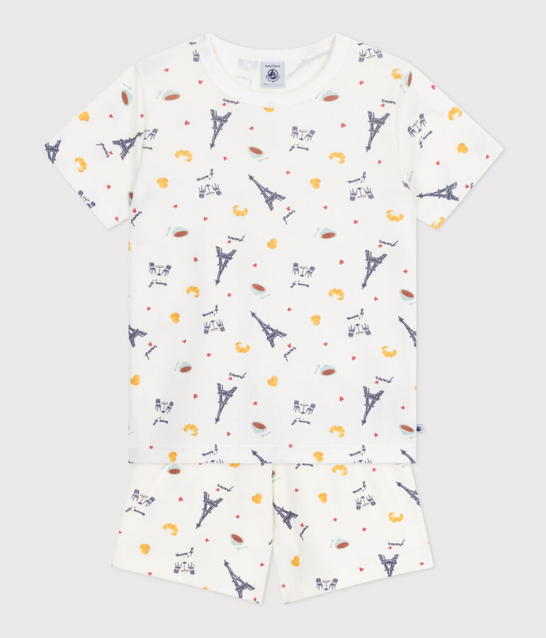 Pyjama short enfant en coton imprim&eacute; Paris blanc/multicouleur