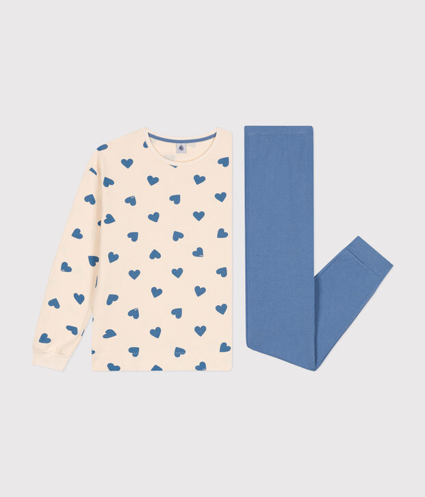 Pyjama bi-mati&egrave;re en coton femme bleu/&eacute;cru