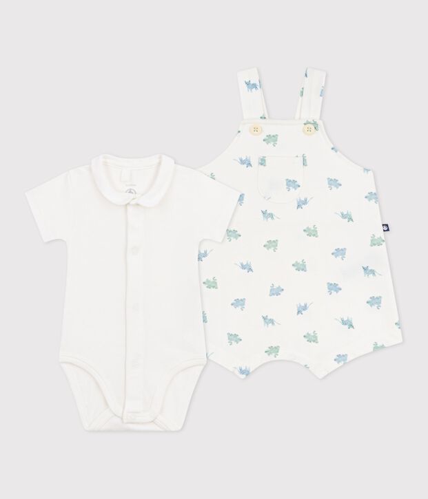 Ensemble salopette/body b&eacute;b&eacute; en coton imprim&eacute; animaux blanc/multicouleur