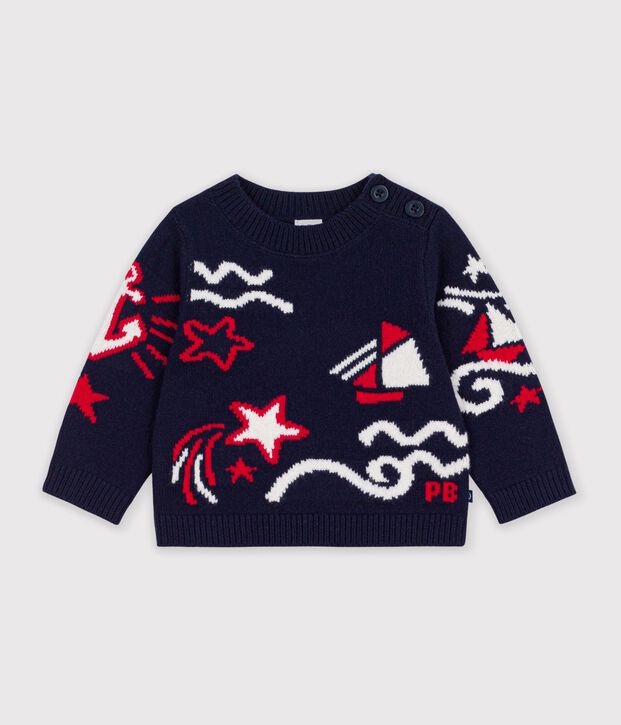Pull b&eacute;b&eacute; en laine et coton &agrave; motifs jacquard bleu/multicouleur