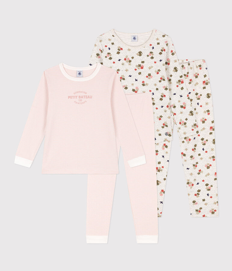 Lot de 2 pyjamas fleur et ray&eacute; petite fille en coton multicouleur