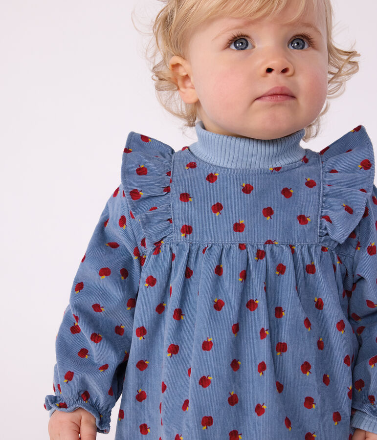 Robe b&eacute;b&eacute; en velours c&ocirc;tel&eacute; manches longues imprim&eacute;e pommes bleu ADRIATIC/ MULTICO