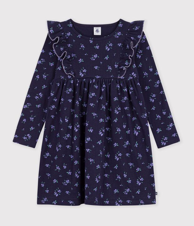 Robe enfant en coton manches longues &agrave; fleurs bleu/multicouleur