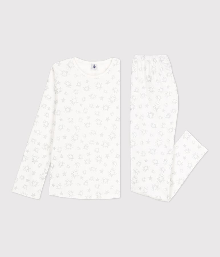 Pyjama imprim&eacute; &eacute;toiles fille en coton blanc MARSHMALLOW/blanc MULTICO