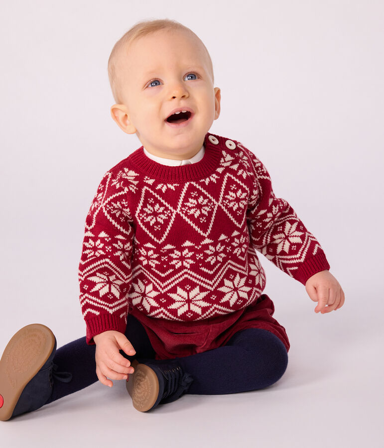 Pull b&eacute;b&eacute; en laine et coton &agrave; motifs rouge/&eacute;cru