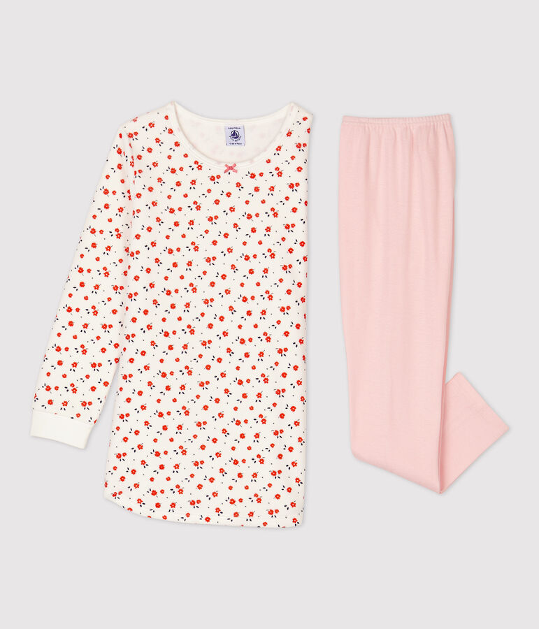 Chemise de nuit imprim&eacute; fleuri petite fille en coton blanc MARSHMALLOW/blanc MULTICO