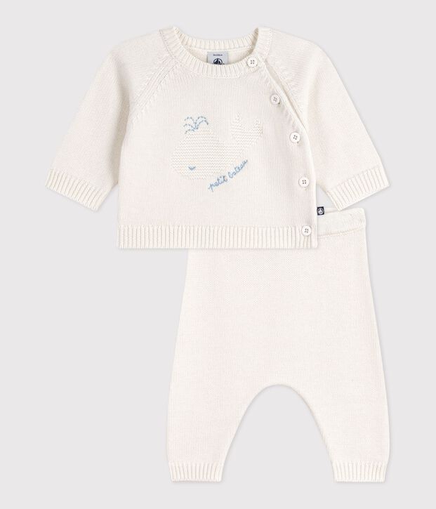 Ensemble 2 pi&egrave;ces b&eacute;b&eacute; en tricot laine et coton et motif baleine blanc