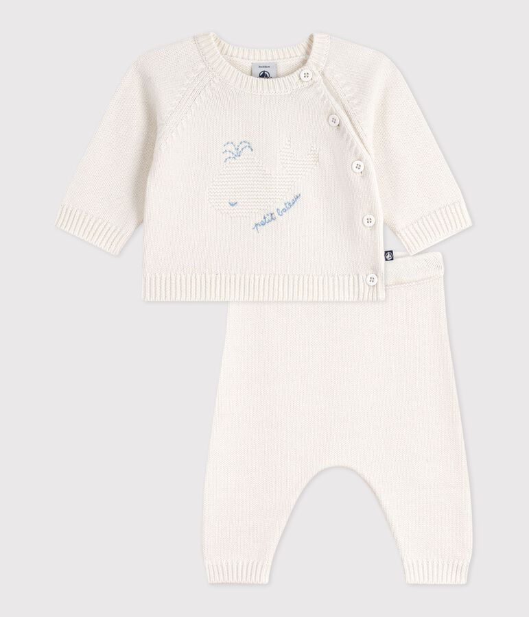 Ensemble 2 pi&egrave;ces b&eacute;b&eacute; en tricot laine et coton et motif baleine blanc MARSHMALLOW