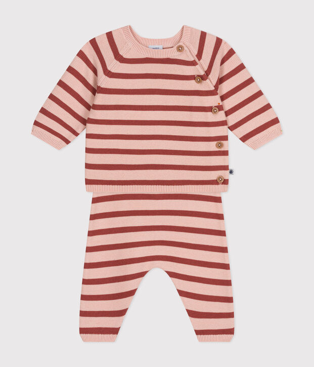Ensemble 2 pi&egrave;ces en tricot de coton b&eacute;b&eacute; rose/marron