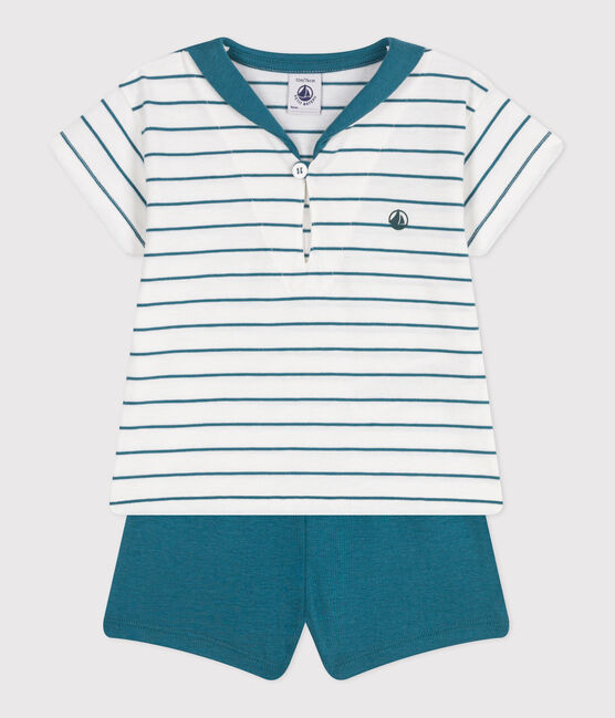 Ensemble bébé deux pièces en coton, t-shirt rayé, et short uni vert MARSHMALLOW/ DRAGONFLY