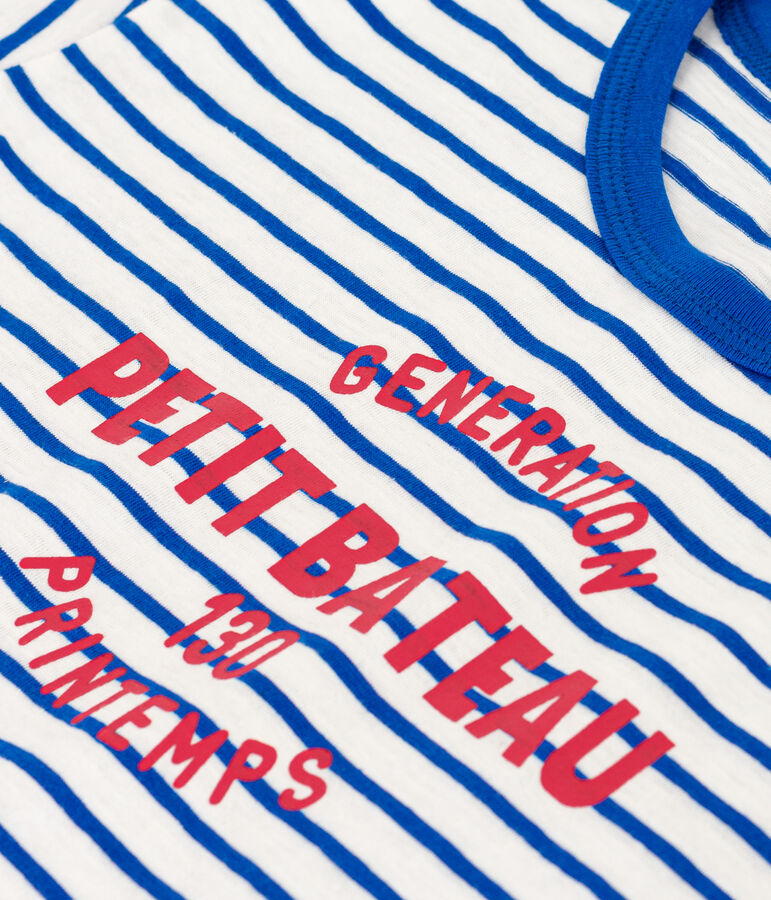 Tee-shirt ray&eacute; en coton enfant fille / gar&ccedil;on blanc MARSHMALLOW/bleu PERSE