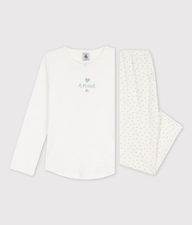 Pyjama petits coeurs petite fille en coton blanc/vert
